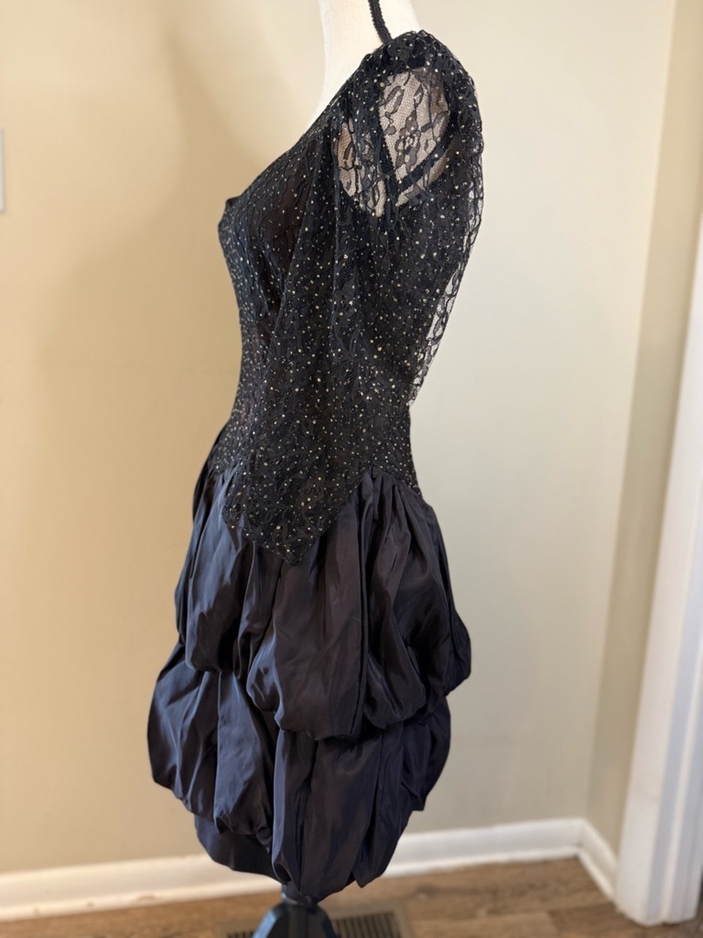Nuance vintage black lace sequin midi dress tiered balloon hem SZ 5 - Picture 3 of 16